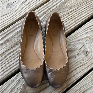 Chloe Bronze Leather Ballet Flats 35 scalloped